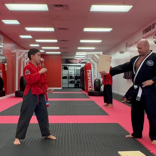 a man and a boy are practicing martial arts in front of a sign that says protoforce
