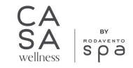 Logotipo de CASA wellness y BY RODAVENTO spa en negro y gris sobre fondo blanco.
