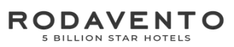 Logotipo de RODAVENTO con el eslogan “5 BILLION STAR HOTELS” en texto negro y dorado.