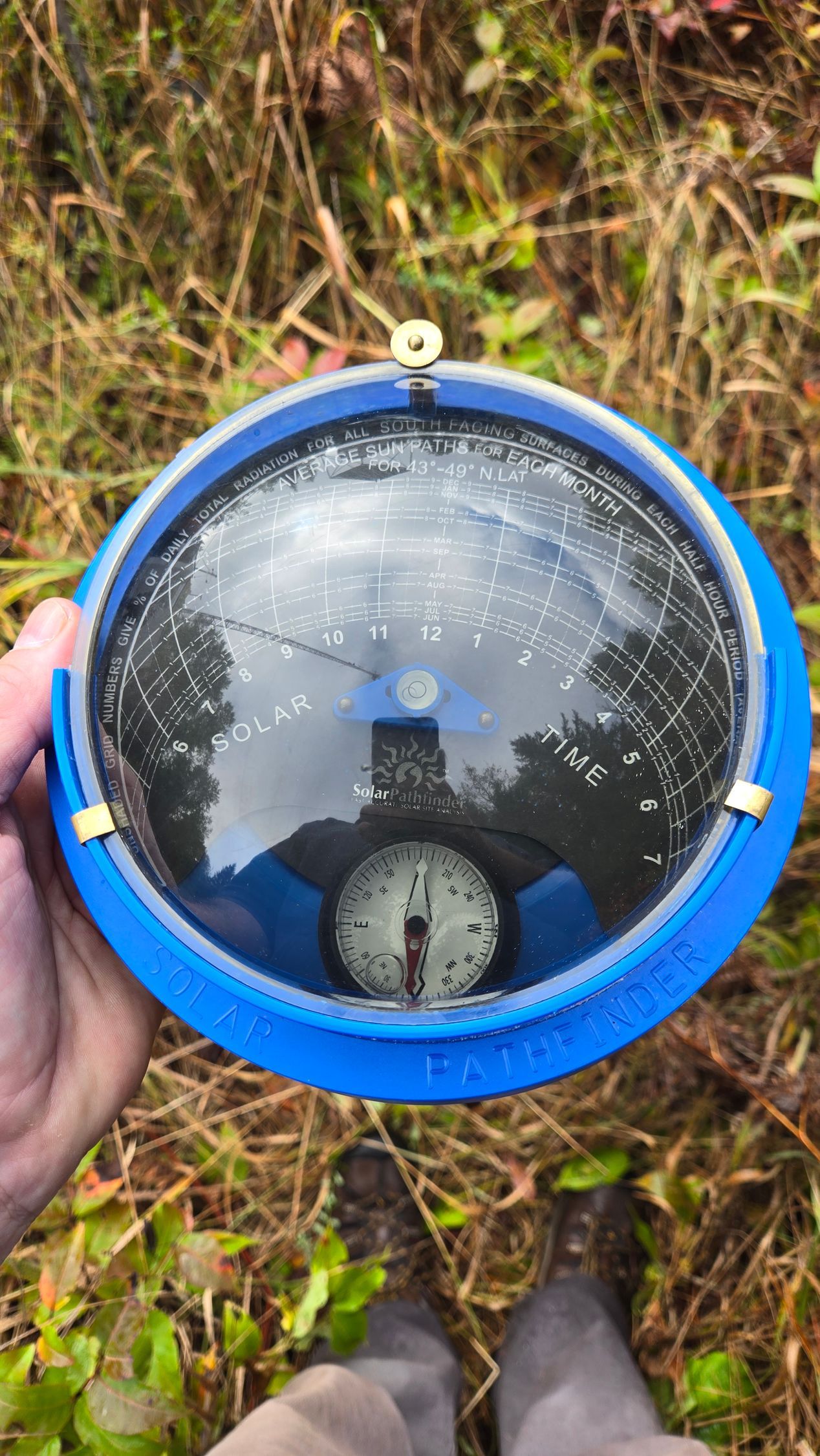 A person is holding a blue compass in their hand.