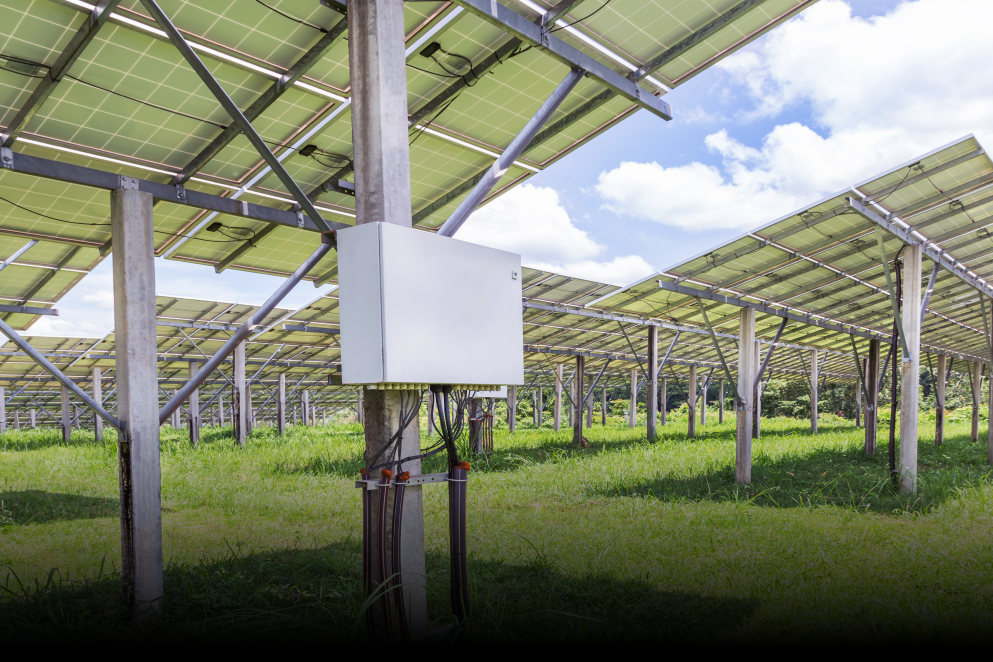 A field of solar panels with a white box in the middle
