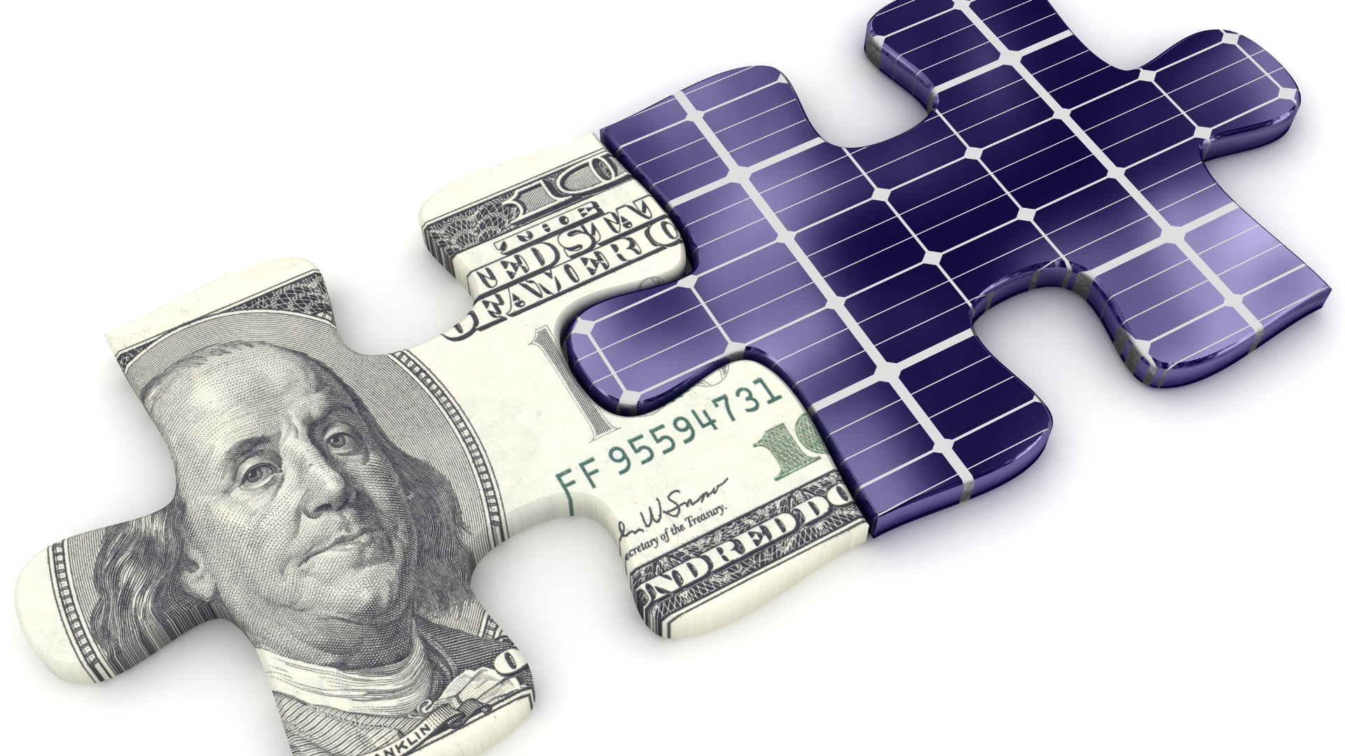 a puzzle piece with a dollar bill and solar panels on it
