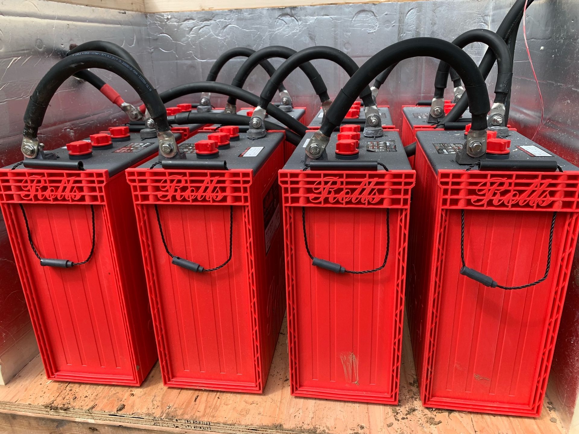 A bunch of red batteries are lined up in a row