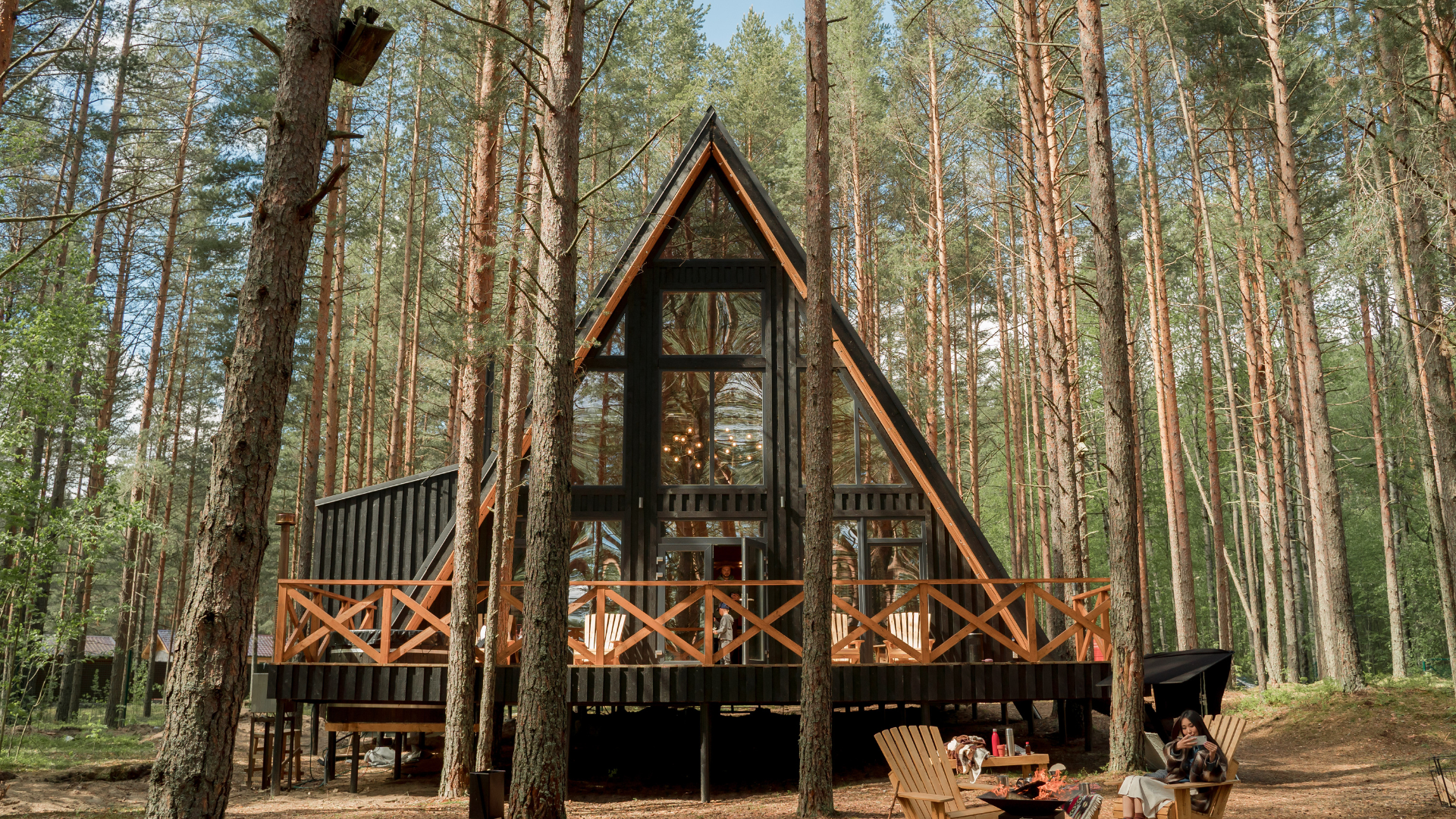 A small house is sitting in the middle of a forest.