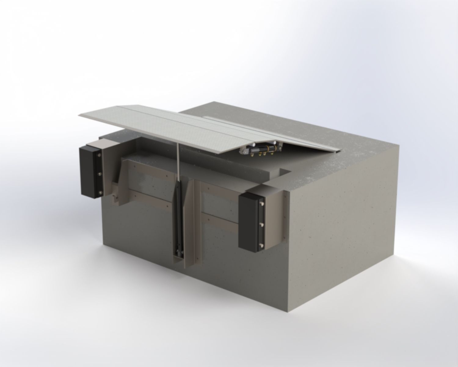 Une boîte rectangulaire grise avec un panneau à charnière, deux supports noirs et un cordon de suspension.