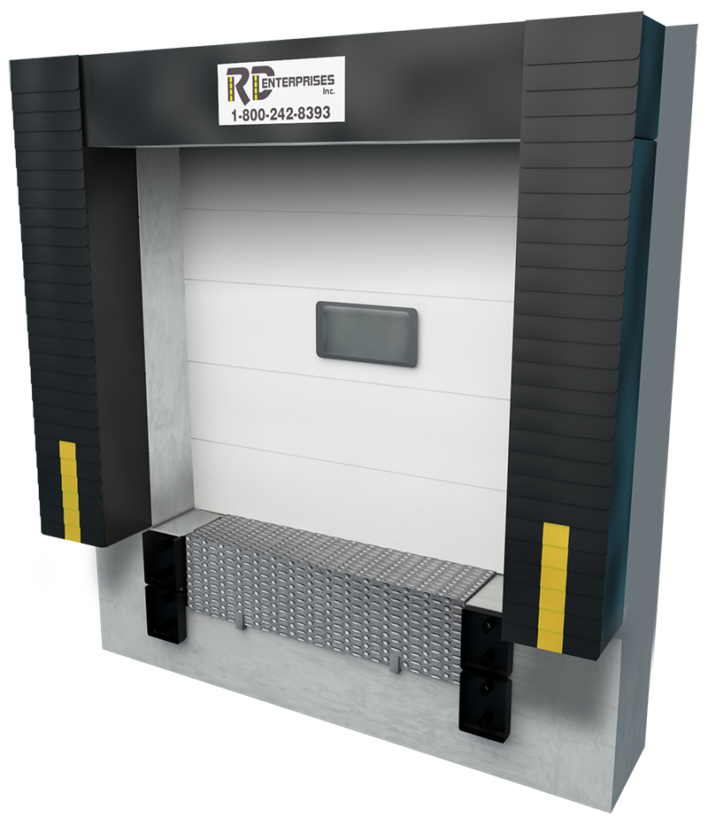 Quai de chargement avec pare-chocs noirs, porte blanche et plate-forme métallique.