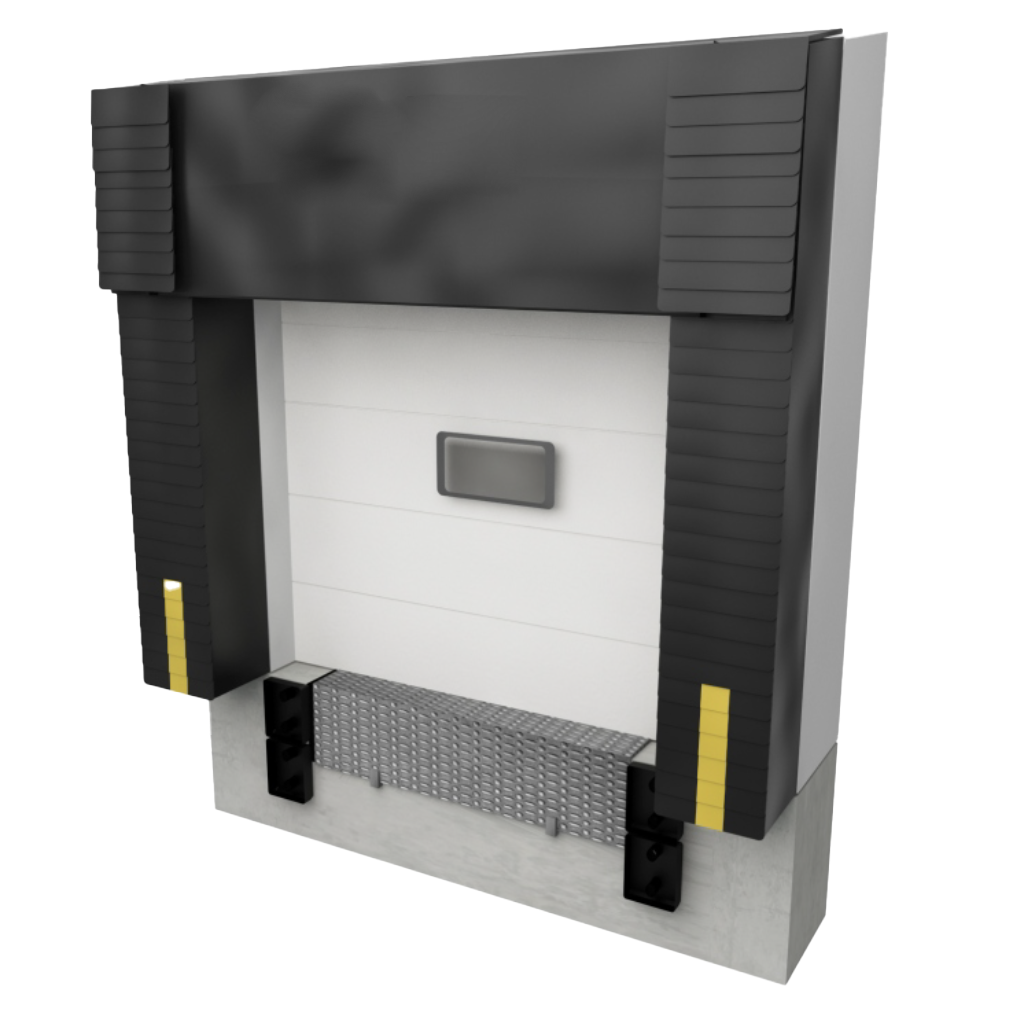 Quai de chargement avec pare-chocs noirs et jaunes, porte blanche et grille métallique.