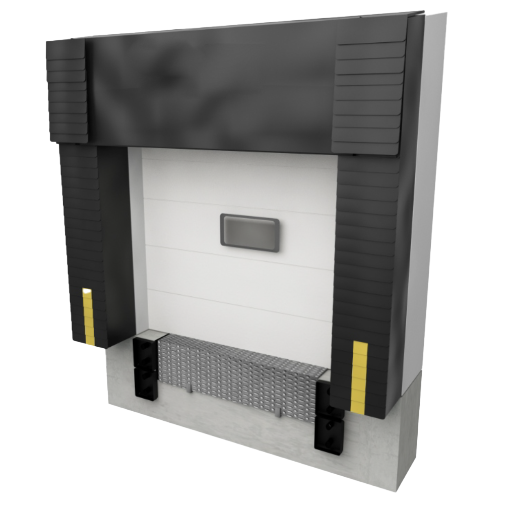 Quai de chargement avec joint noir, porte de quai grise et base en béton.