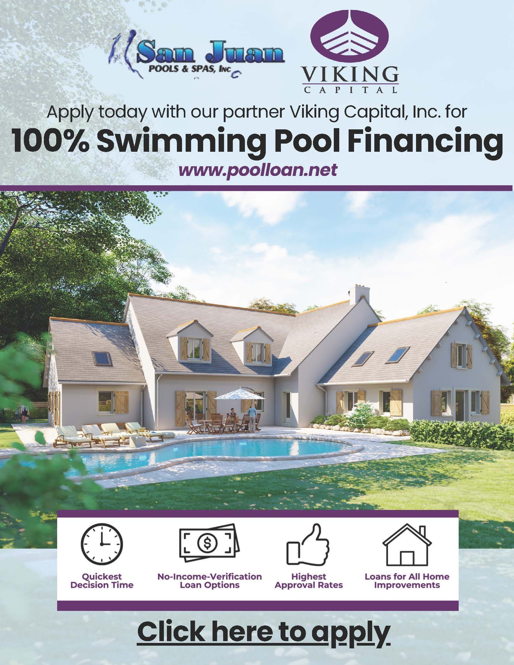 Advertisement for swimming pool financing, featuring a house with a pool and the Viking Capital logo.