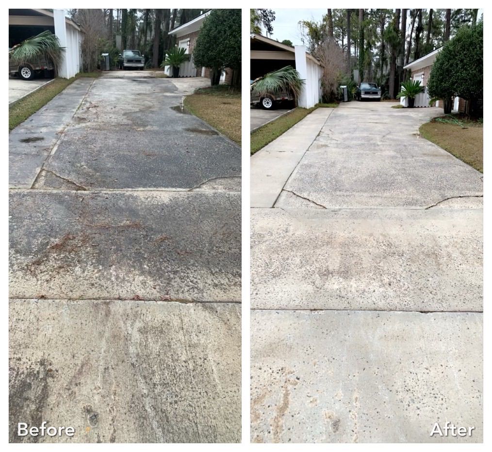 Before-and-after photo of a concrete driveway. Left side is dirty; right side is clean after power washing.