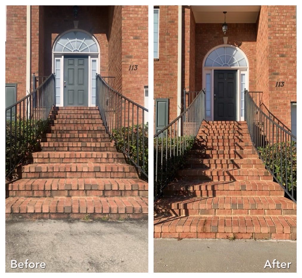 Before/after: brick steps lead to a front door with an arched window above. The steps and walkway are cleaned.