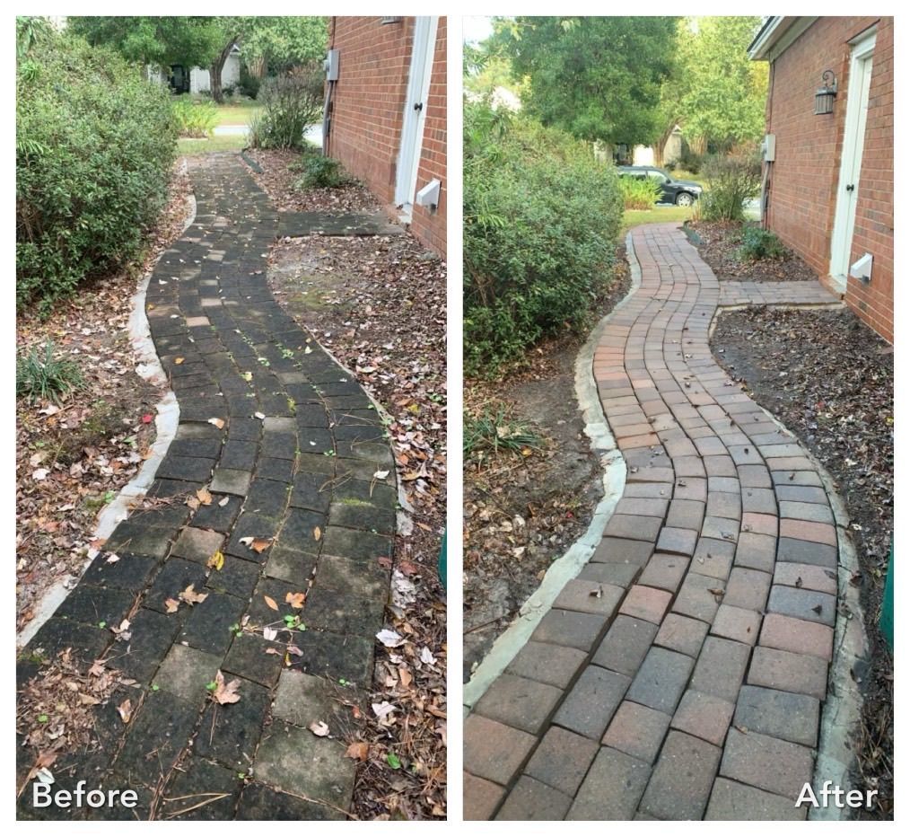 Before and after of brick pathway cleaning; pathway winds between bushes and a building.