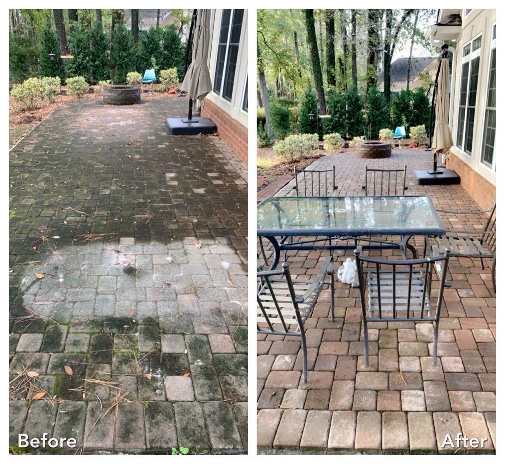 Before-and-after of a brick patio cleaning. One side shows dirty bricks, while the other side is clean and has outdoor furniture.