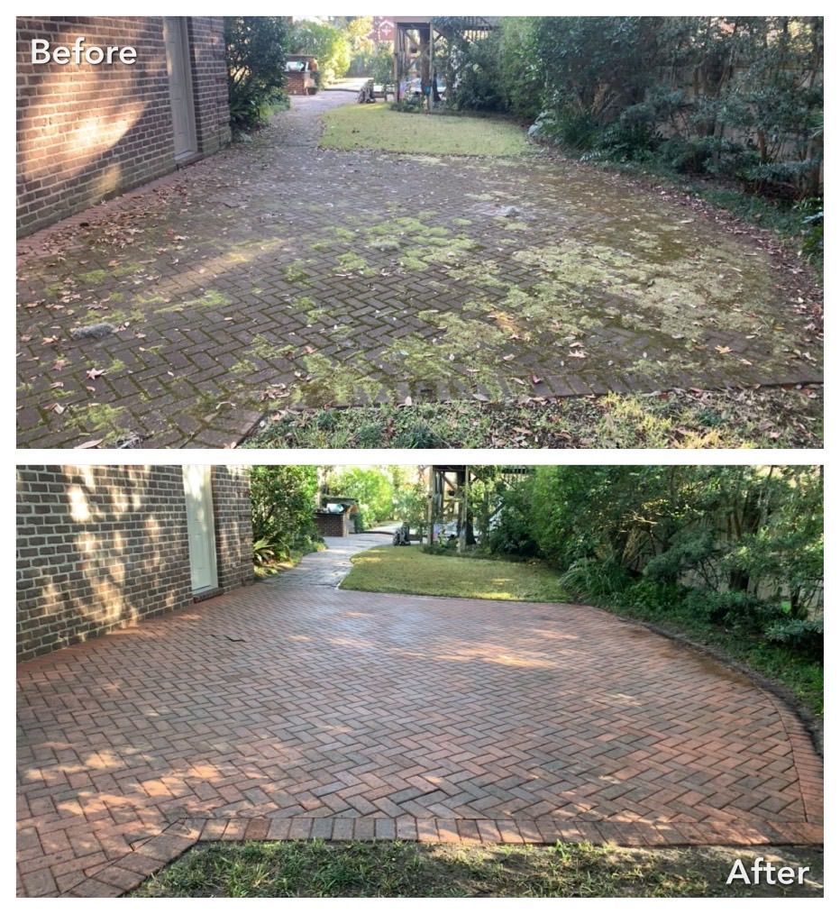 Before and after of a brick driveway cleaned of moss and debris.
