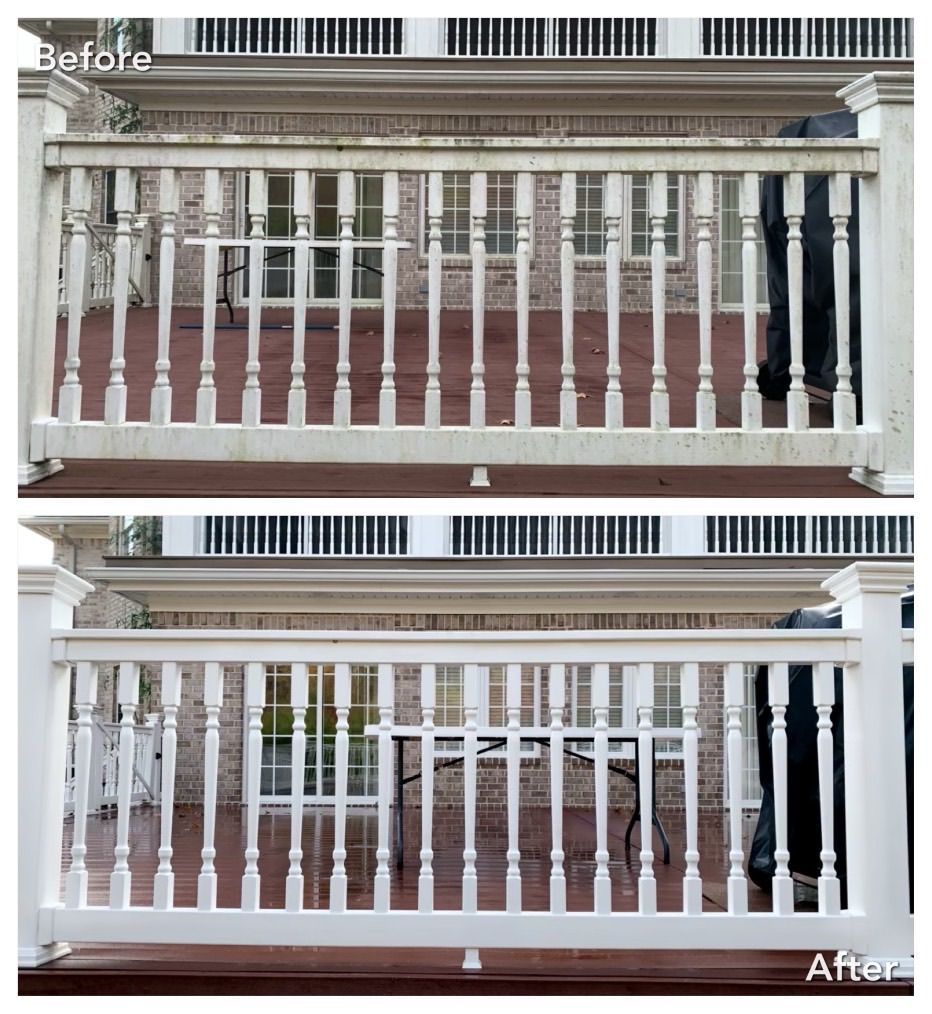 Before and after comparison of a white porch railing, showing it clean after power washing.