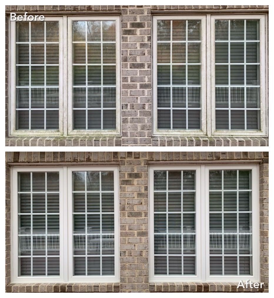 Before and after of white framed windows on a brick building; cleaned and refreshed.