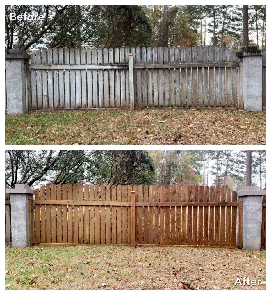 Before and after of a wooden fence. Top: weathered gray. Bottom: stained brown, looking new.