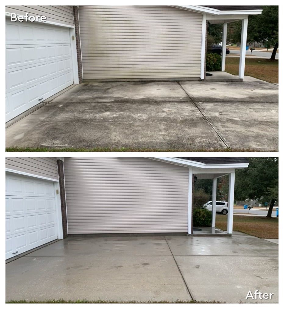 Comparison of a driveway and house exterior before and after power washing.