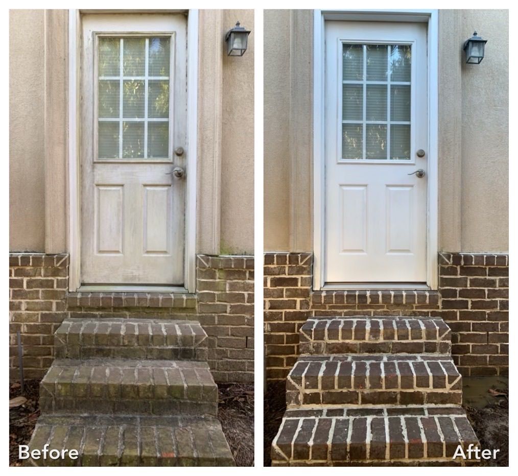 Comparison of a dirty door and brick steps (left) and cleaned door and steps (right).