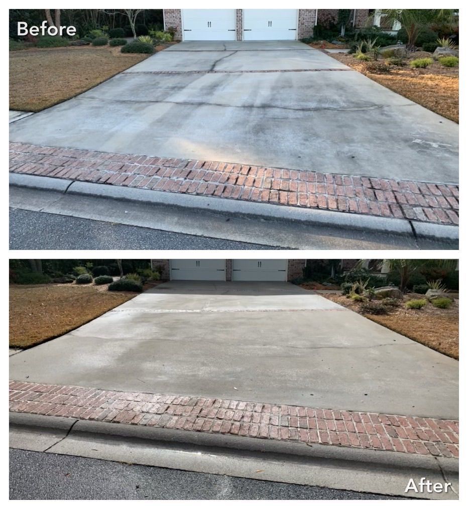 Driveway before and after pressure washing: concrete cleaned, brick edging, white garage.