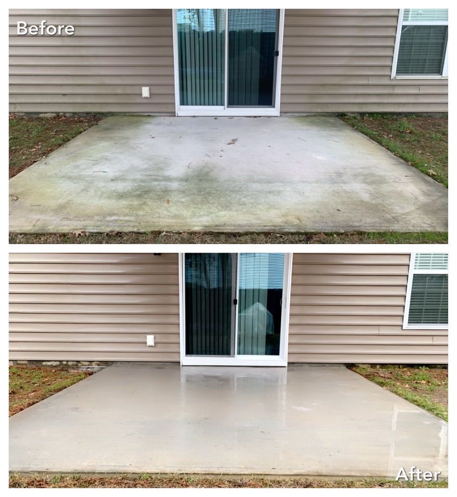 Before-and-after view of a concrete patio. The before image is dirty, and the after image is clean.