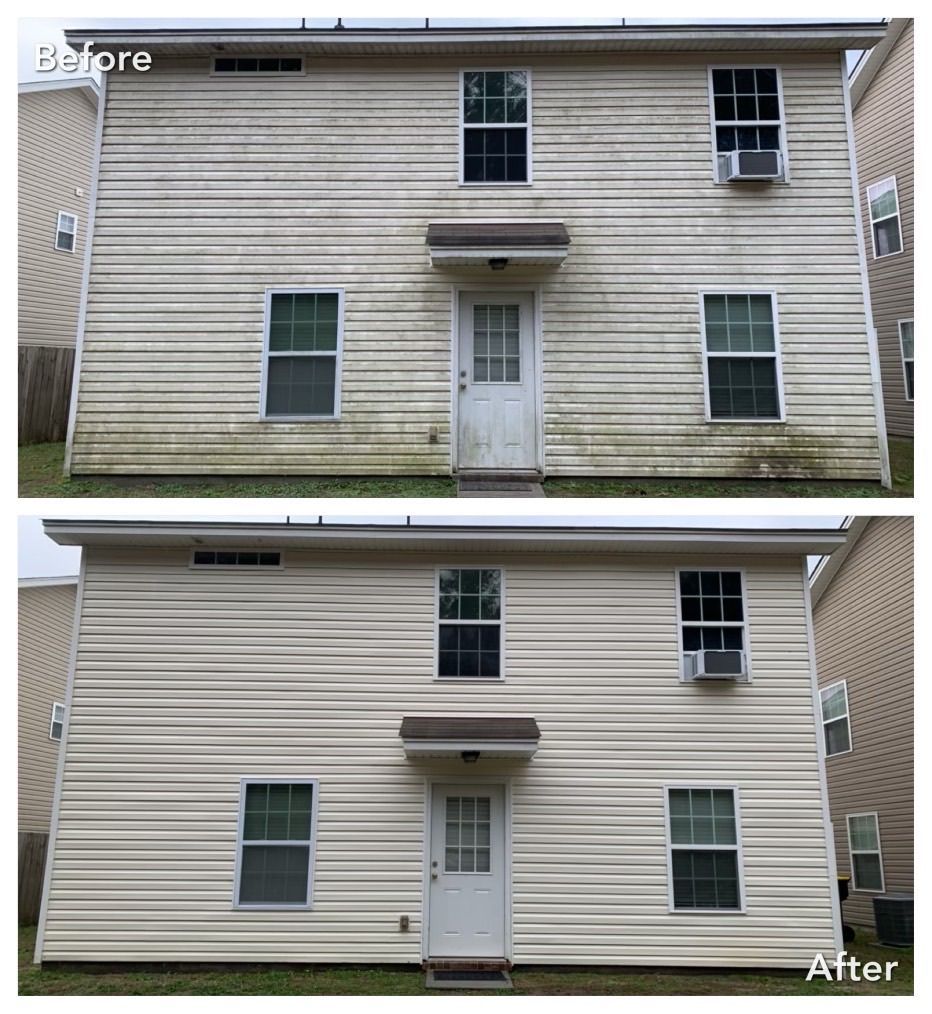 Comparison: House siding before and after pressure washing; beige siding now clean.