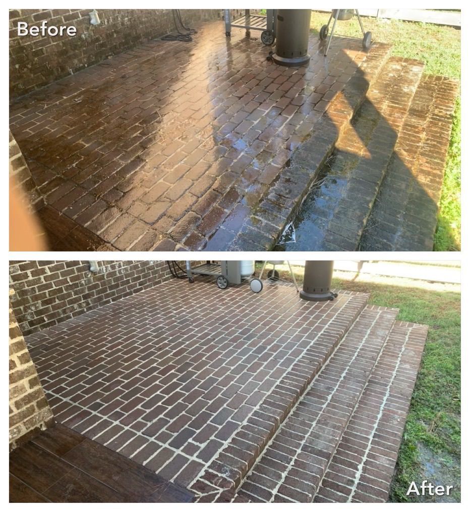 Top: Brick patio before cleaning, wet and dirty. Bottom: Clean brick patio and steps after power washing.