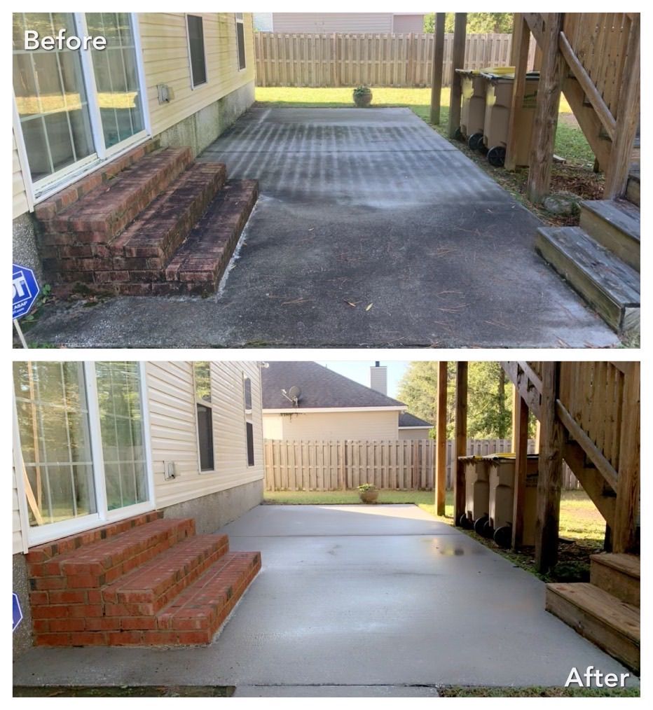 Before and after photos of a patio. The top image shows a dirty patio and brick steps, the bottom one is clean.