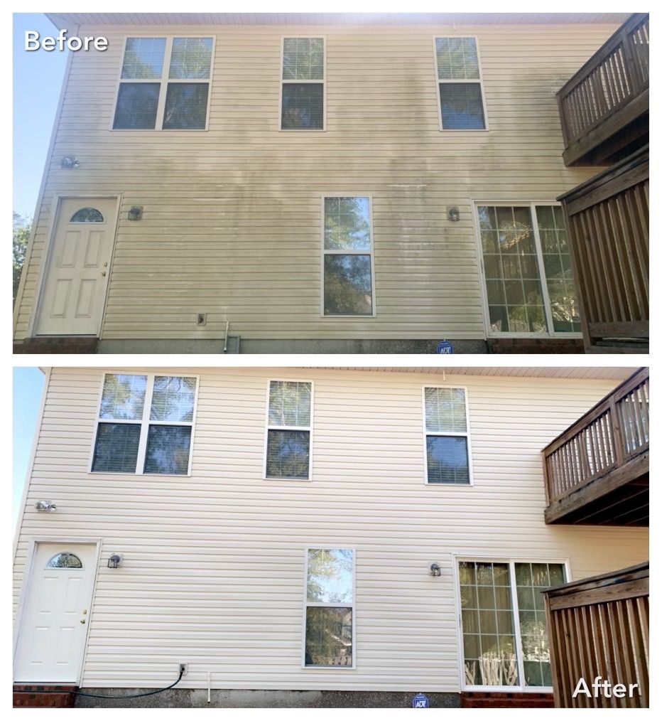 Before and after of a house's exterior, showing siding cleaned by pressure washing. Beige siding is now lighter.