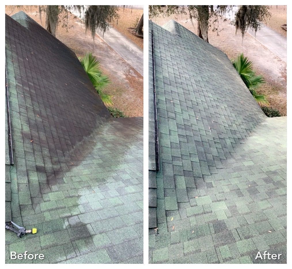 Before and after view of a roof cleaning: dark, dirty shingles transformed to clean, green shingles.