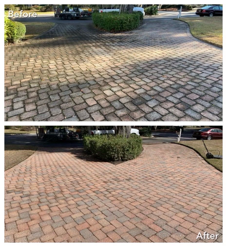 Before/after comparison of a brick driveway cleaned with pressure washing.