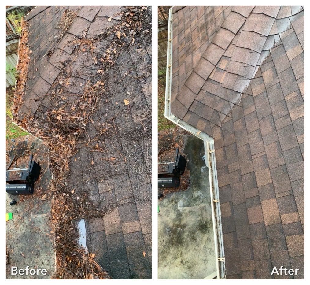 Before-and-after comparison of a roof: Left side shows leaves and debris, right side is clean.