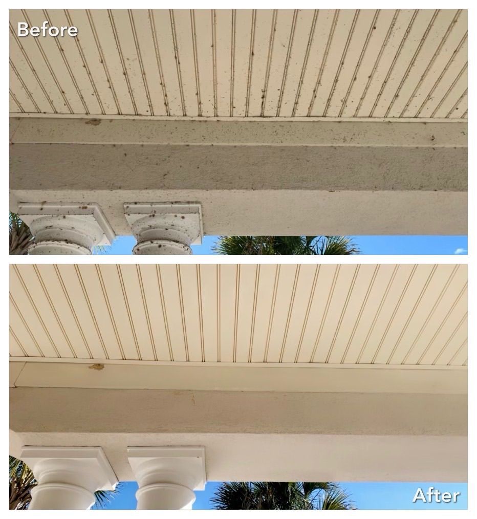 Comparison of a porch ceiling before and after cleaning. The 