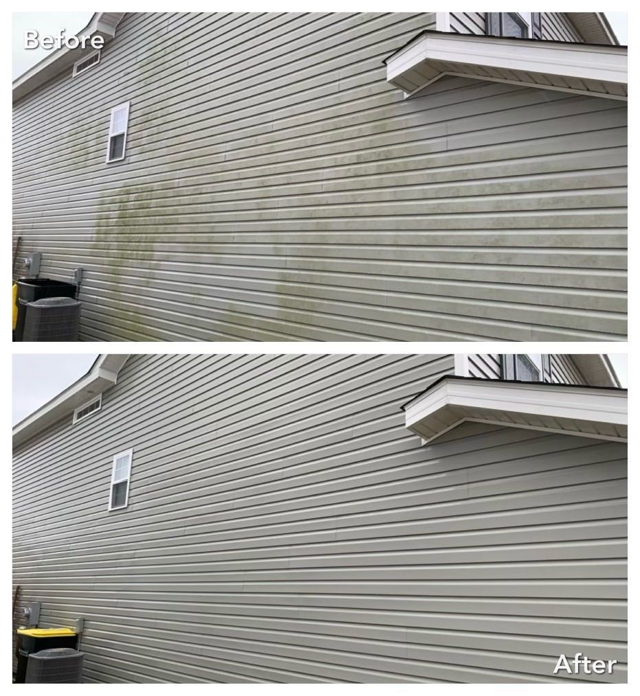 Comparison of a house side before and after cleaning, showing removal of dirt and grime.