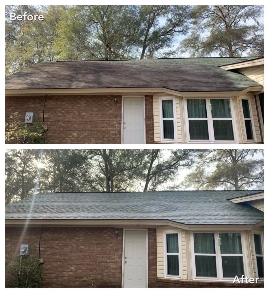 Before and after photos of a roof cleaned; showing a removal of dirt and grime.