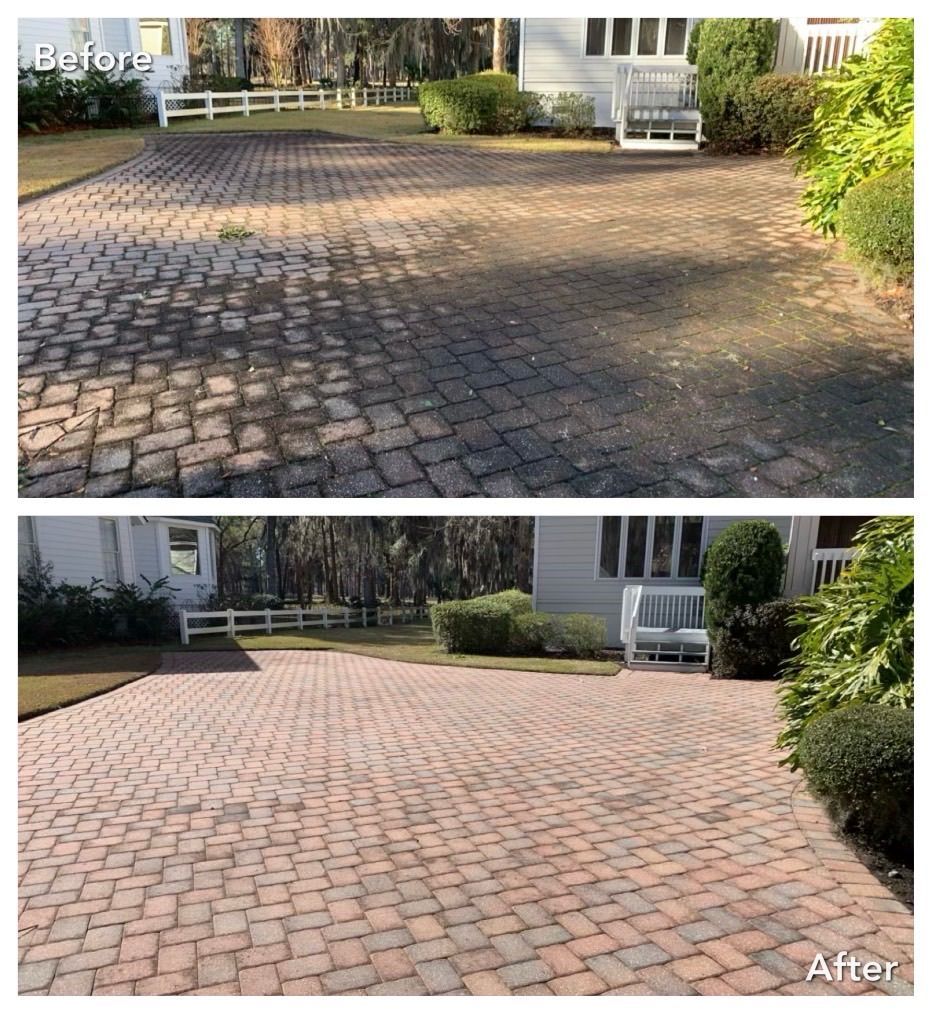 Before and after comparison of a brick driveway, showing a significant cleaning improvement.