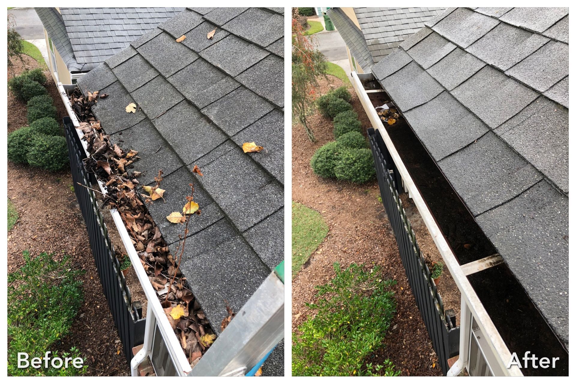 Before-and-after of a gutter cleaning. The left shows debris-filled gutter, the right shows a clean gutter.