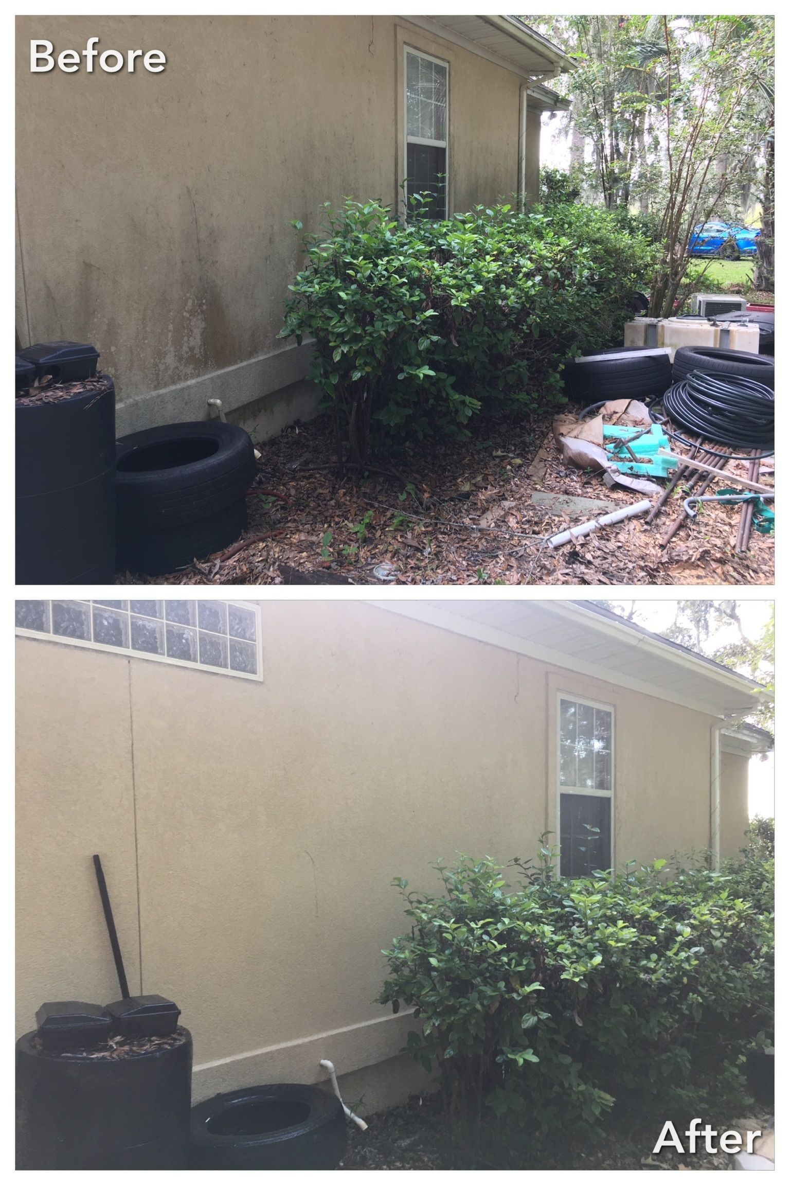 Before and after photos of a house exterior. The after photo shows clean, tan-colored siding with a trimmed bush.