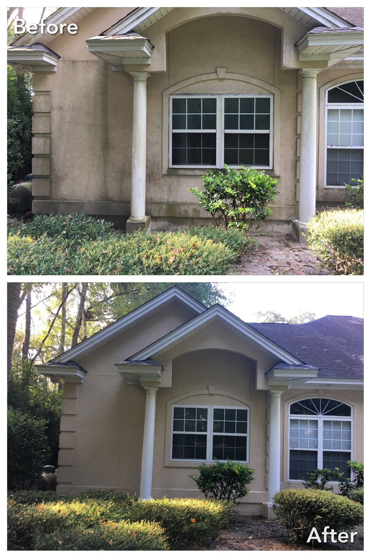 Before and after comparison of a home exterior, showing stucco and window improvements.