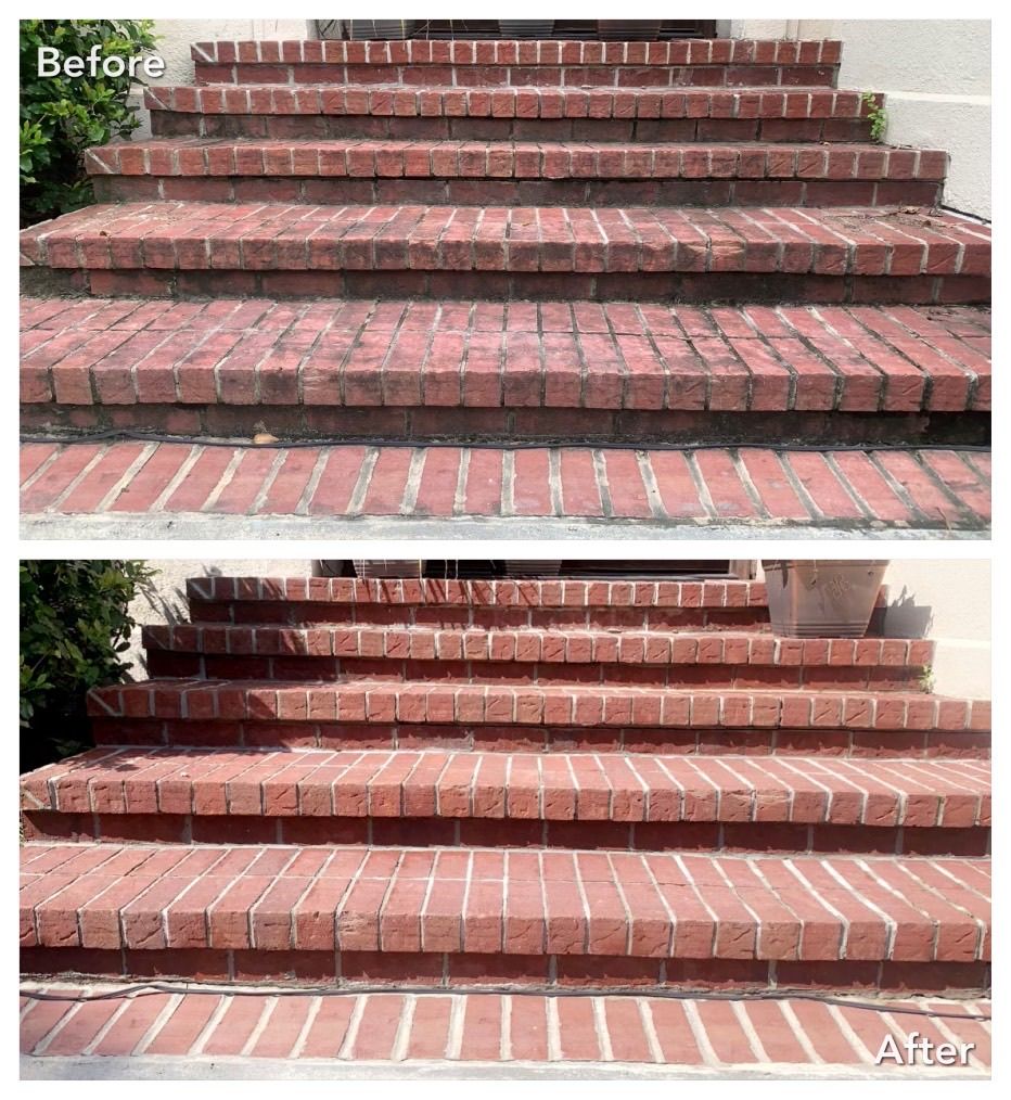 Brick steps before and after cleaning. Dirty, gray brick steps cleaned to reveal red brick.