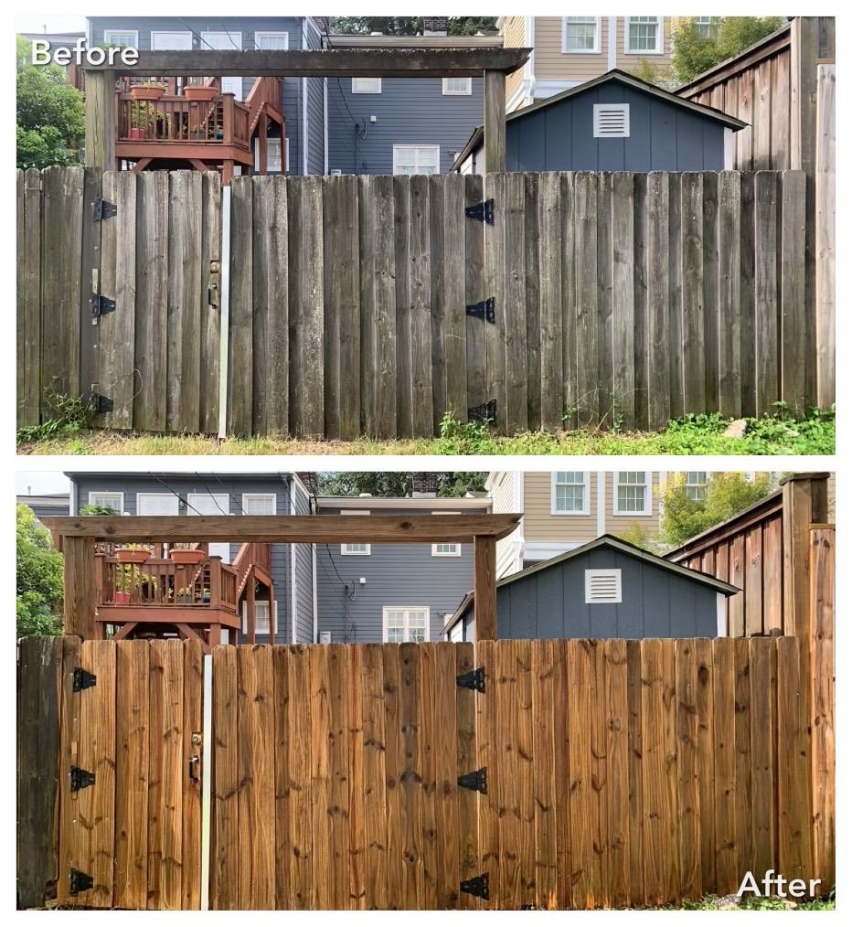 Before and after of a wooden fence. The 