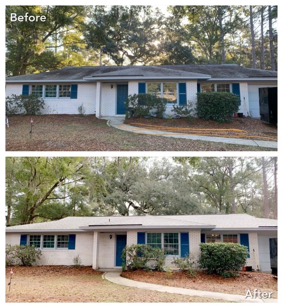 Before and after of a white house with blue shutters, a dirty roof becomes clean.