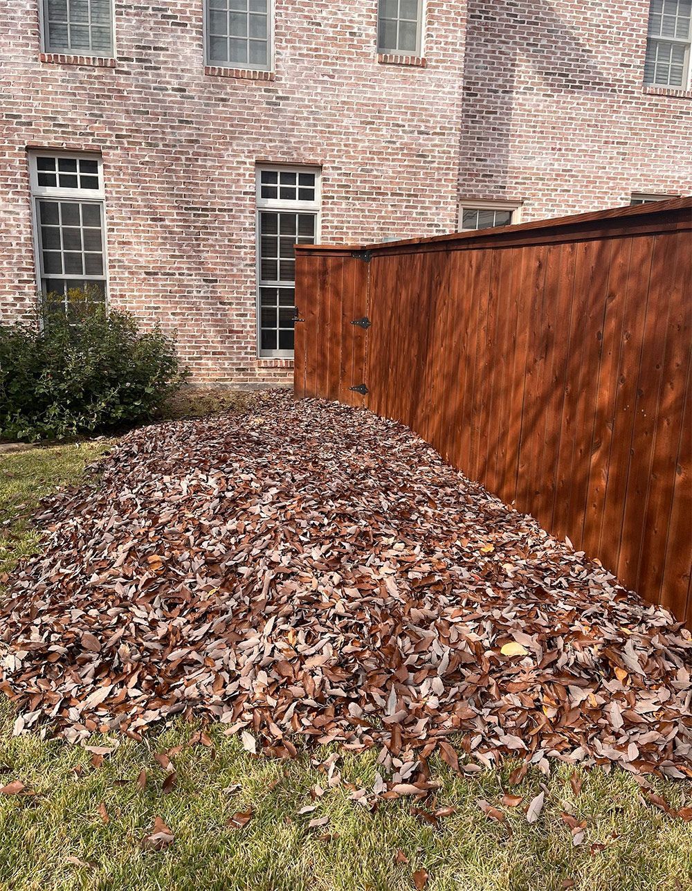 Pile of brown leaves on grass next to a stained wooden fence and brick building with windows.