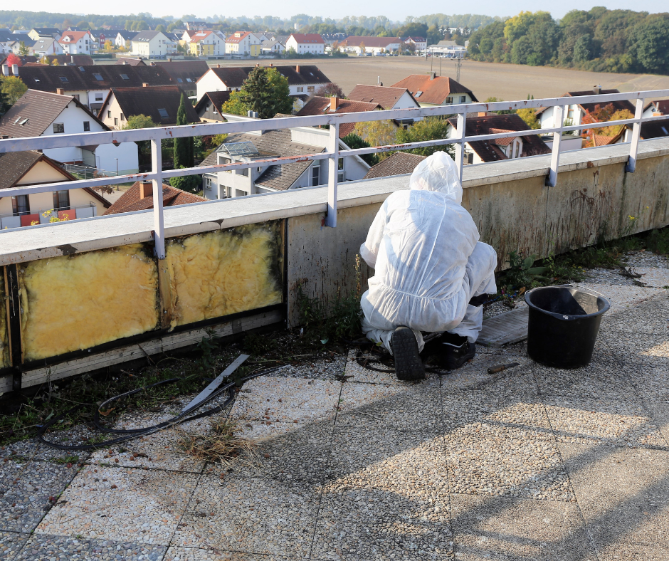 A man in a protective suit is working on a rooftop.