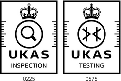 A black and white logo for ukas inspection and testing