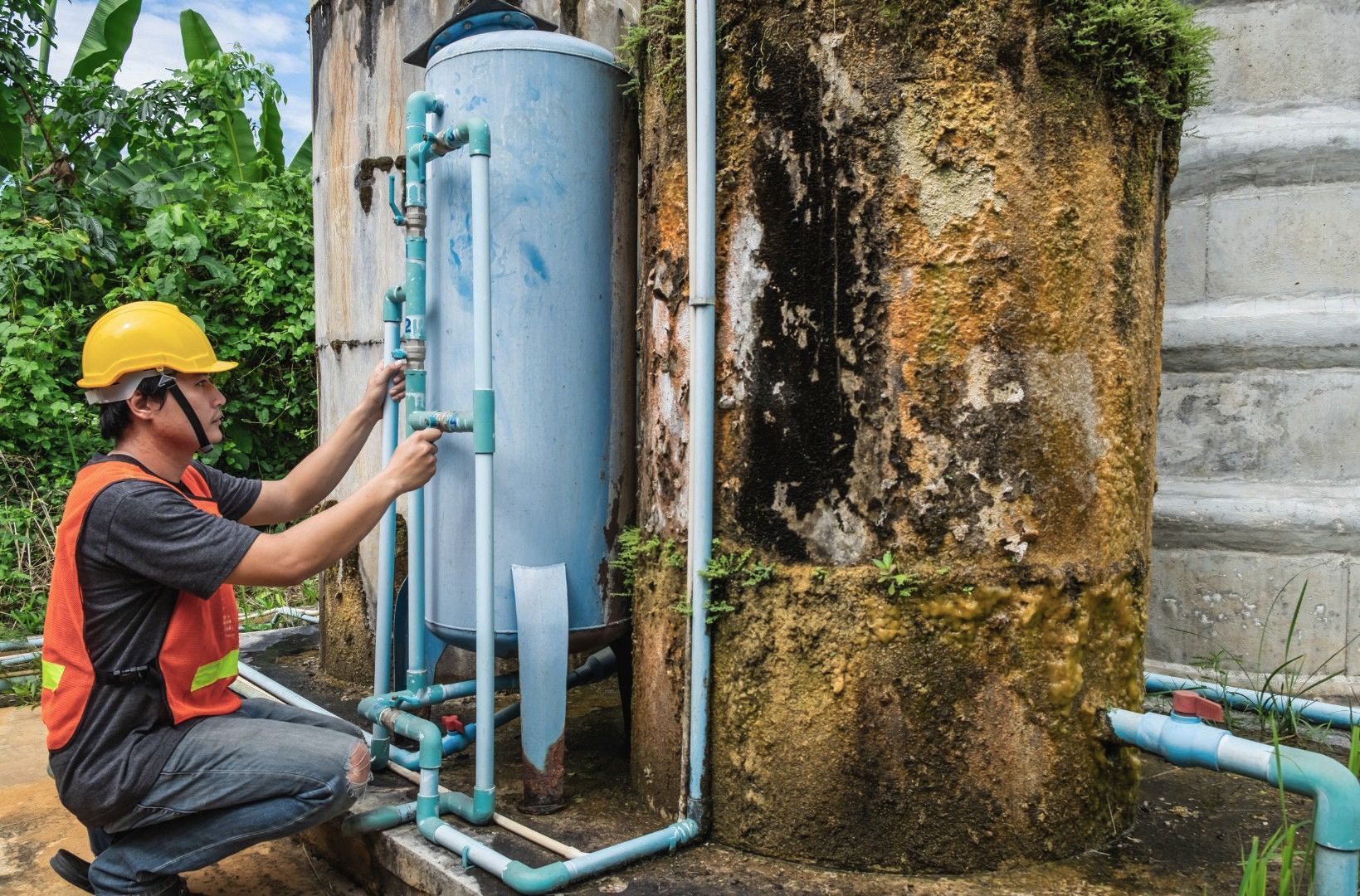 A man in a hard hat is working on a water tank.