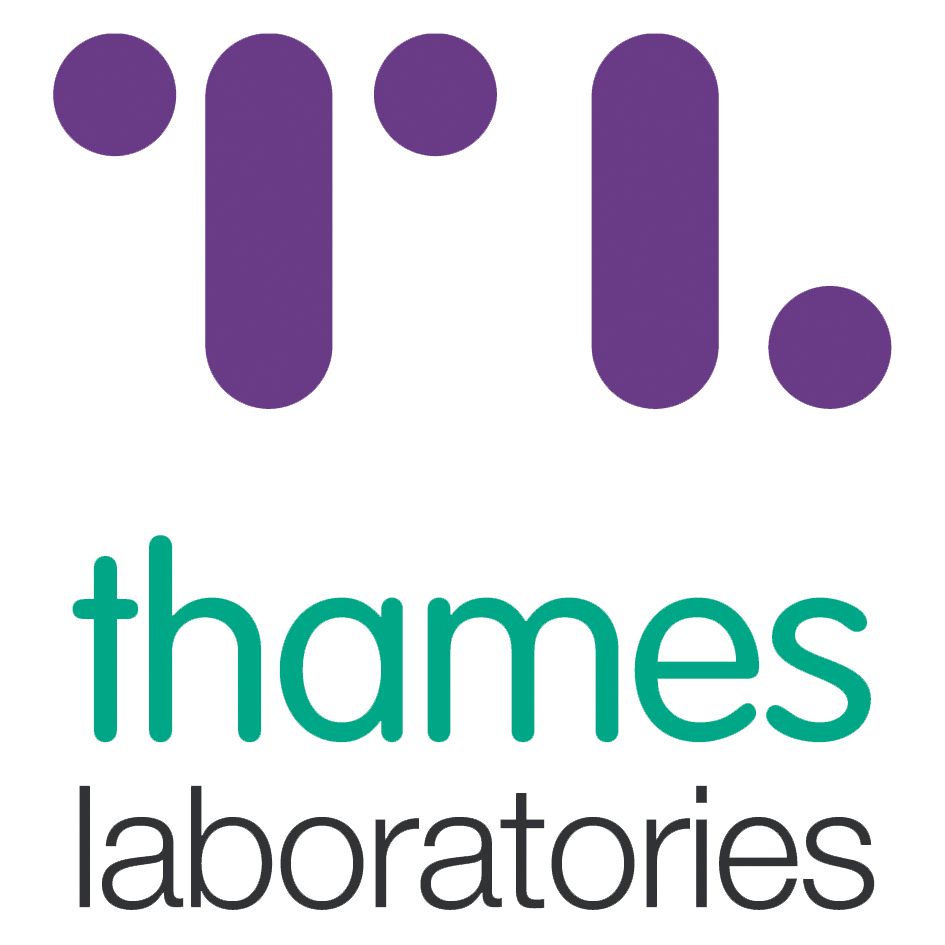 The logo for thames laboratories is purple and green