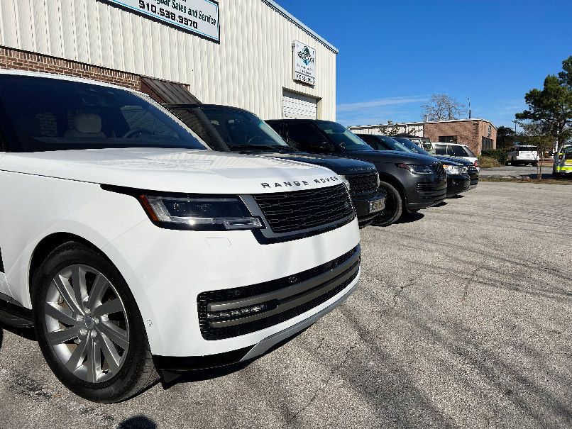White SUV parked in front of a car dealership with several dark vehicles lined up beside it in New Hanover County, NC
