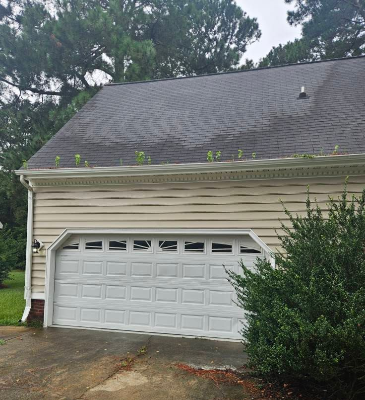 Garage with a white door, tan siding, and a dark shingled roof with greenery growing in the gutter.