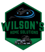 Green and black logo for Wilson's Home Solutions, featuring a house, pressure washer, and lawnmower.